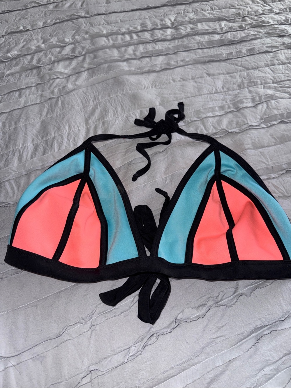 Xhilaration Coral & Aqua Triangle Bikini Top with Black Trim